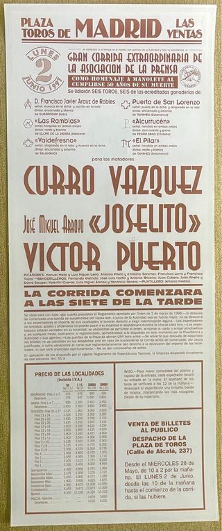 CARTEL DE TOROS DE MADRID. 2/7/1997