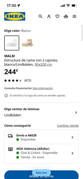Cama Malm IKEA 90 cm blanca con cajones