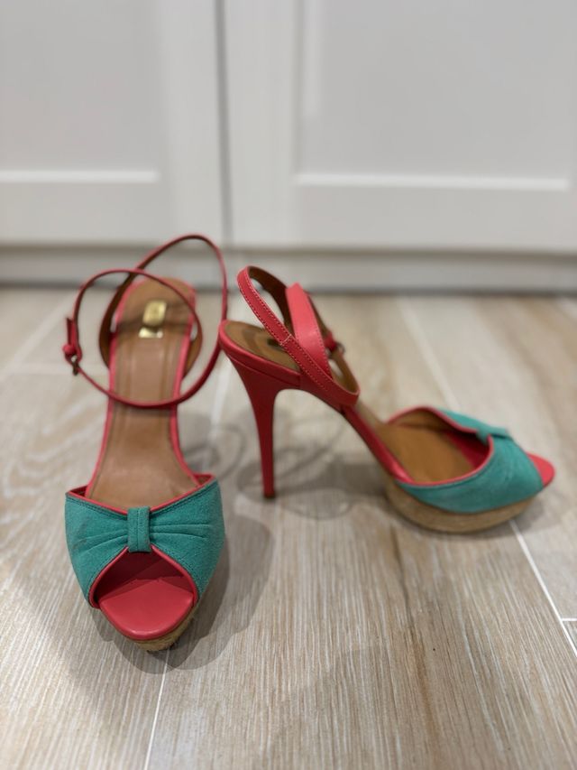 Sandalias tacón plataforma coral y verde agua