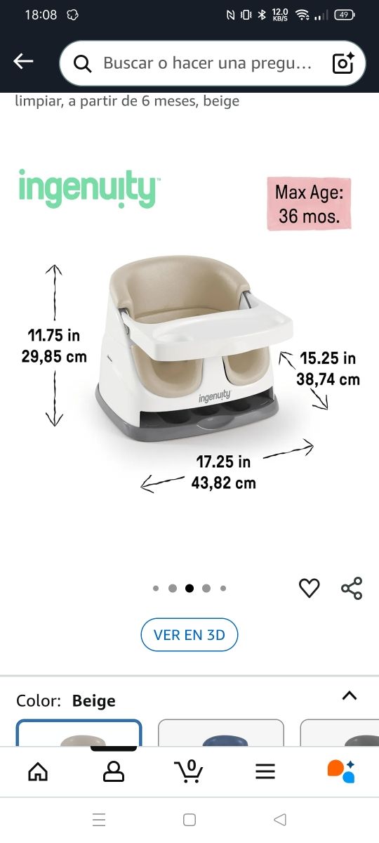 Asiento Elevador Bebé Ingenuity 2 en 1. Beige.