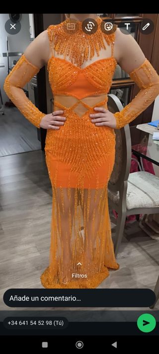 Vestido pedrería naranja boda gitana
