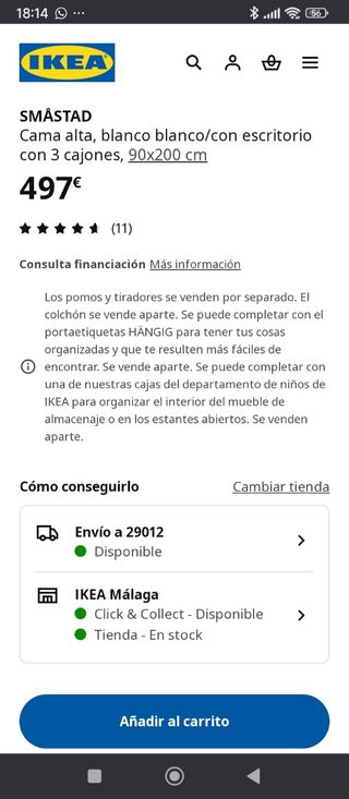 Cama alta IKEA SMASTAD con escritorio