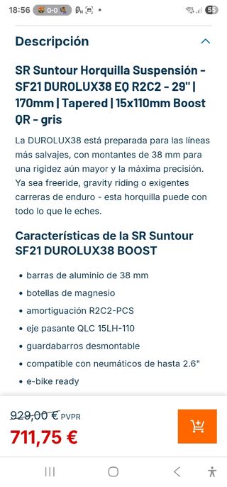Horquilla SR Suntour Durolux 38
Cuello a 18.5 cm.