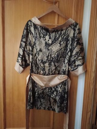 Vestido fiesta encaje beige y negro talla única