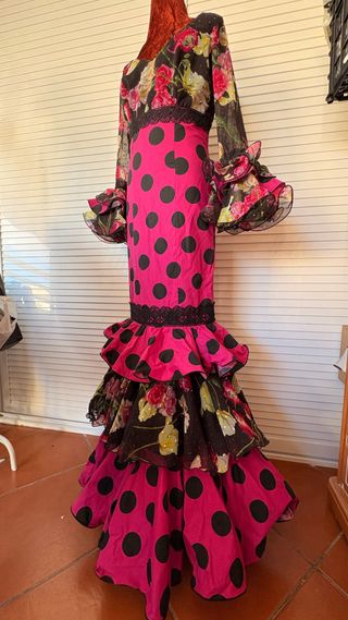 Vestido Flamenca Lunares Rosa y Negro