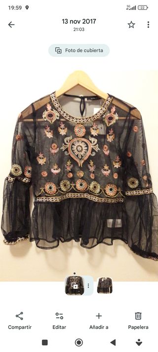 Camisa transparente bordada negra Talla S