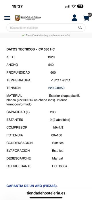 Congelador Infrico Hostelería/Particular 2 Puertas
