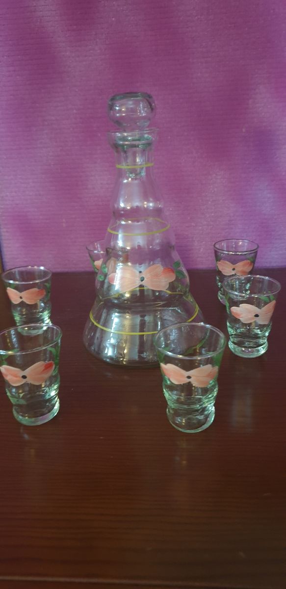 Licorera y 6 Vasos Cristal Pintados a Mano