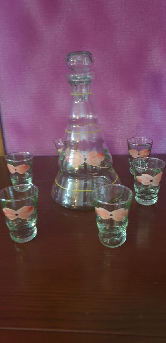 Licorera y 6 Vasos Cristal Pintados a Mano