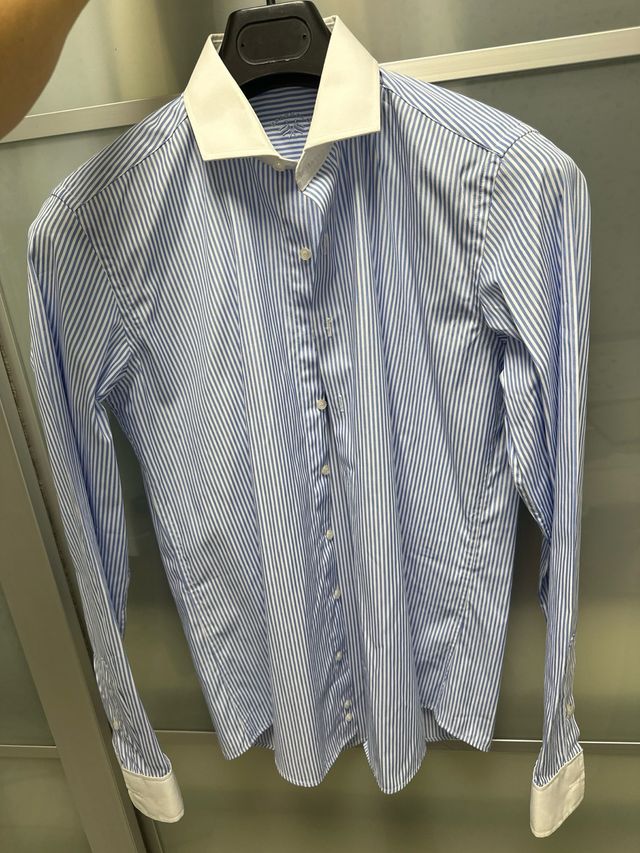 Camisa Del Spagnolo Rayas Azul/Blanca Cuello Blanc