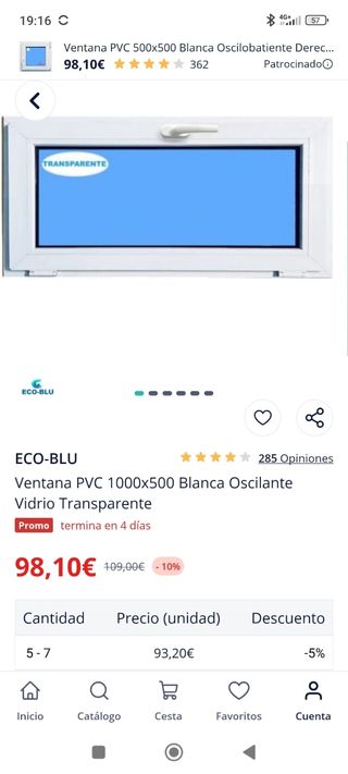 Ventana PVC Blanca Oscilante 1000x500