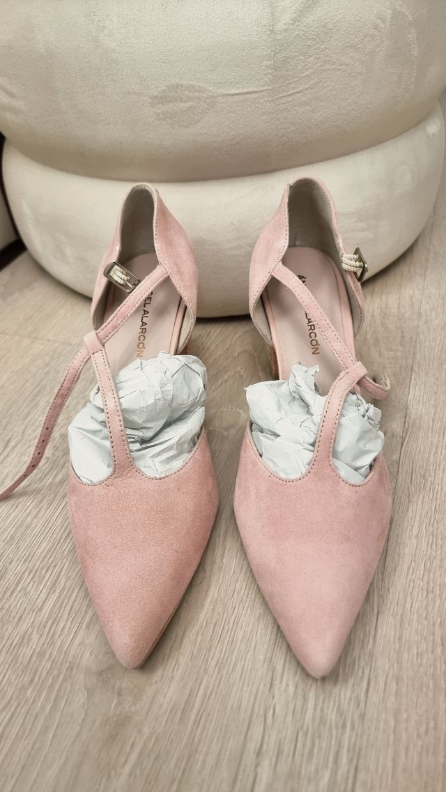 Zapatos de tacón 7,5cm, rosa pastel y dorado