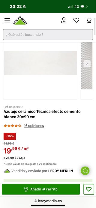 Azulejo cerámico blanco 30x90 cm
