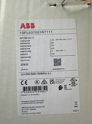 Contactor ABB AF750-30-11 750A 200V 50Hz NUEVO