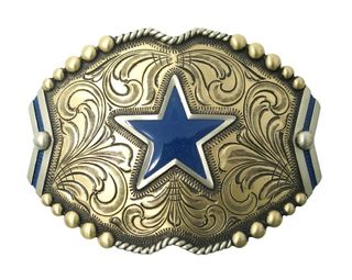 Hebilla estilo western con estrella azul.