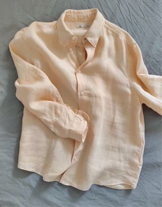 Camisa Lino Zara Beige/Rosa Talla M