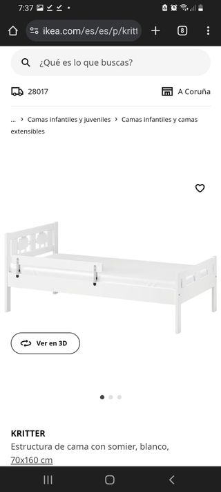 Cama infantil blanca con barra seguridad 70x 160