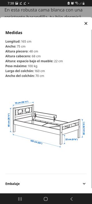 Cama infantil blanca con barra seguridad 70x 160