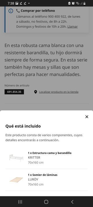 Cama infantil blanca con barra seguridad 70x 160