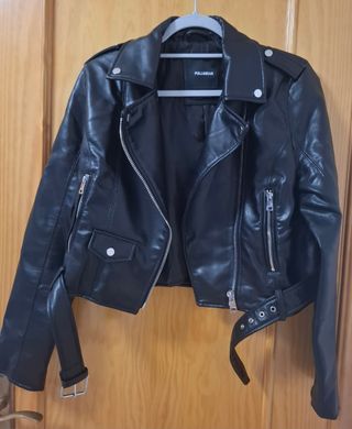 Chaqueta Motera Piel Negra PULL&BEAR Talla L (S/M)