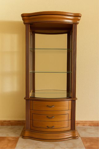 Vitrina estrecha de madera y cristal