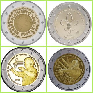 Lote 4 monedas 2 euros Portugal 2025 y Grecia 2025