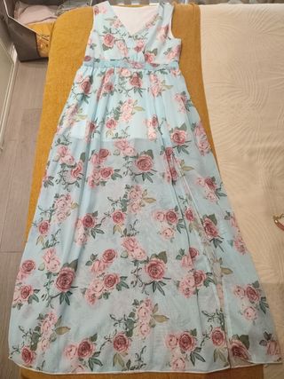 Vestido largo floral azul y rosa