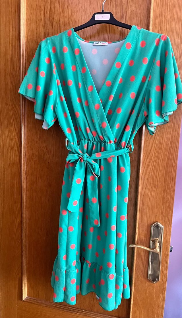 Vestido lunares verde y naranja. tala única