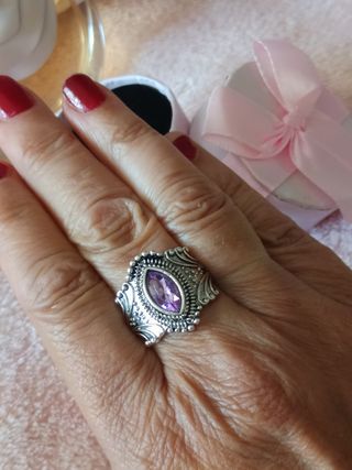 Anillo Plateado Morado Piedra Marquise