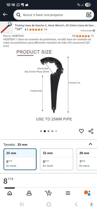 Llave montaje tubería Polietileno n°25