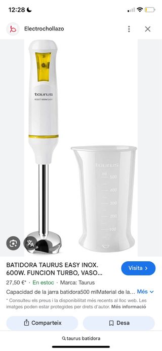 Batidora Taurus Easy Inox 600W con Vaso