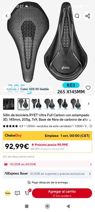 Sillín Carbono 3D Ryet 245x145mm 205gr