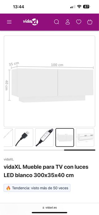 Mueble TV LED blanco 300x35x40 cm
