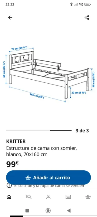 Cama infantil de Ikea modelo Kritter con colchón.