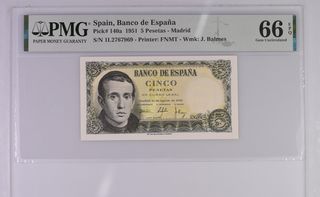 España * Billete 5 Pesetas 1951 PMG 66 EPQ