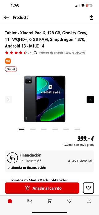 TABLET Xiaomi Pad 6 128GB Gris/Plata