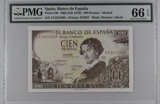 España * billete  100 Pesetas 1965 PMG-66 EPQ 