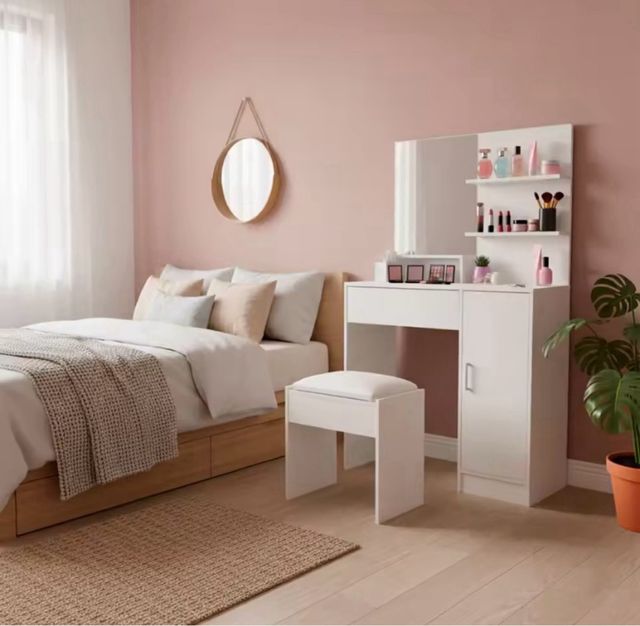 Tocador maquillaje 80cm blanco con taburete