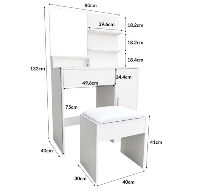 Tocador maquillaje 80cm blanco con taburete