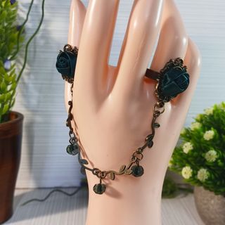 Anillo doble bronce y tela verde ajustable