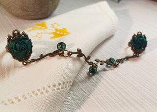 Anillo doble bronce y tela verde ajustable
