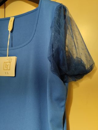 Camiseta azul con mangas de tul talla 44-52