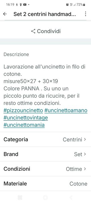 Coppia centrini uncinetto Vintage anni '60