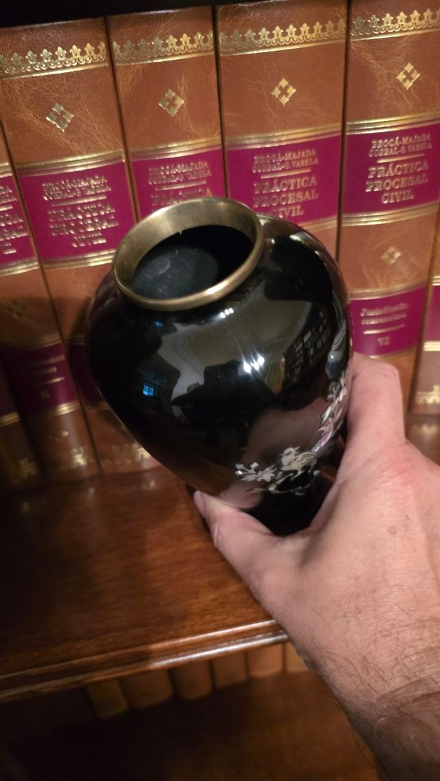 Jarrón Coreano Negro Lacado Nácar Pájaros