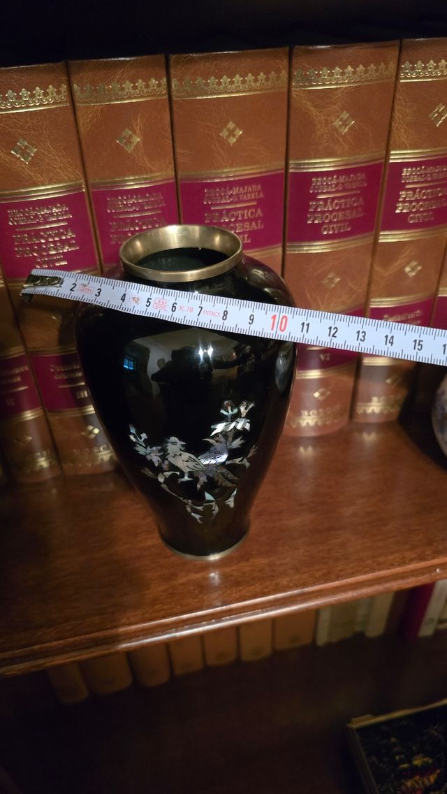 Jarrón Coreano Negro Lacado Nácar Pájaros