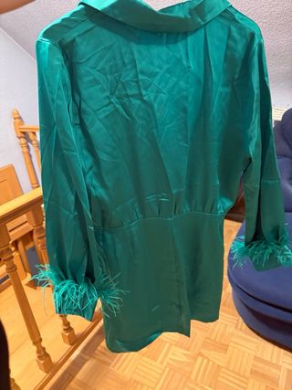 Vestido satinado verde con plumas