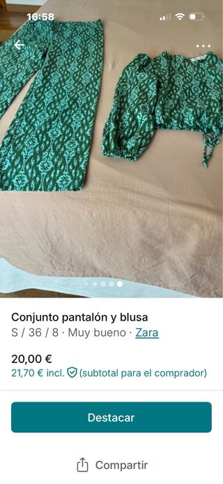 Conjunto pantalón y blusa Zara verde