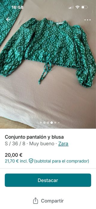 Conjunto pantalón y blusa Zara verde