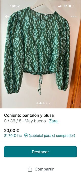 Conjunto pantalón y blusa Zara verde