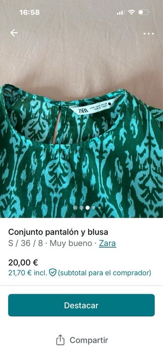 Conjunto pantalón y blusa Zara verde